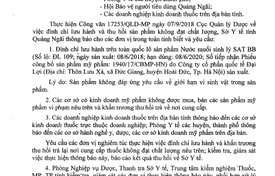 Công văn số 2080/SYT-NVD v/v Đình chỉ lưu hành và thu hồi sản phẩm không đạt chất lượng.